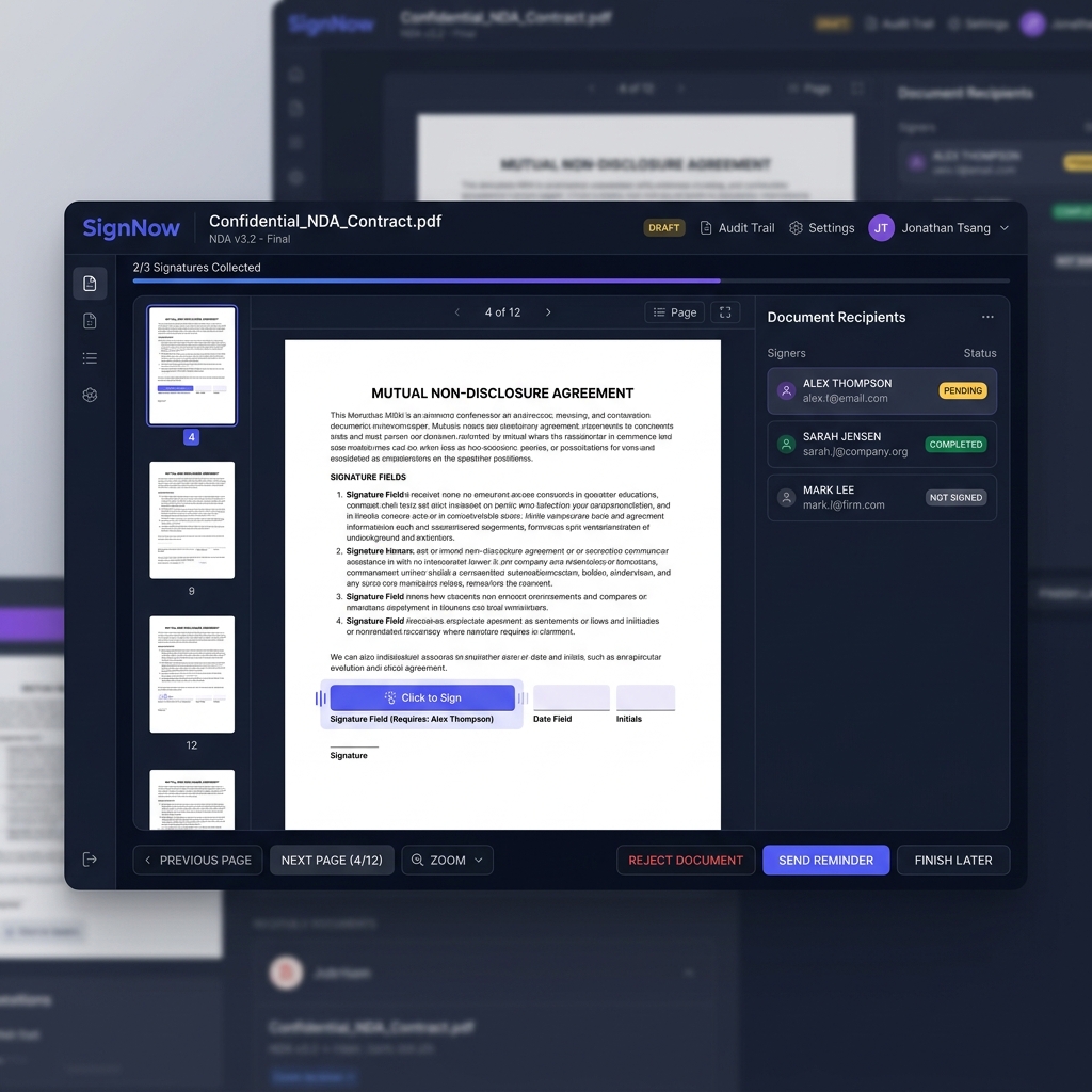 Inkavella dashboard showing a document signing session with multi-signer support